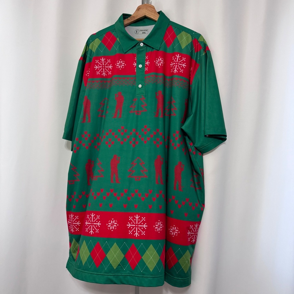 U Suck at Golf Mens 3XL Christmas Ugly Sweater Polo Shirt Green Red Golfing Silo